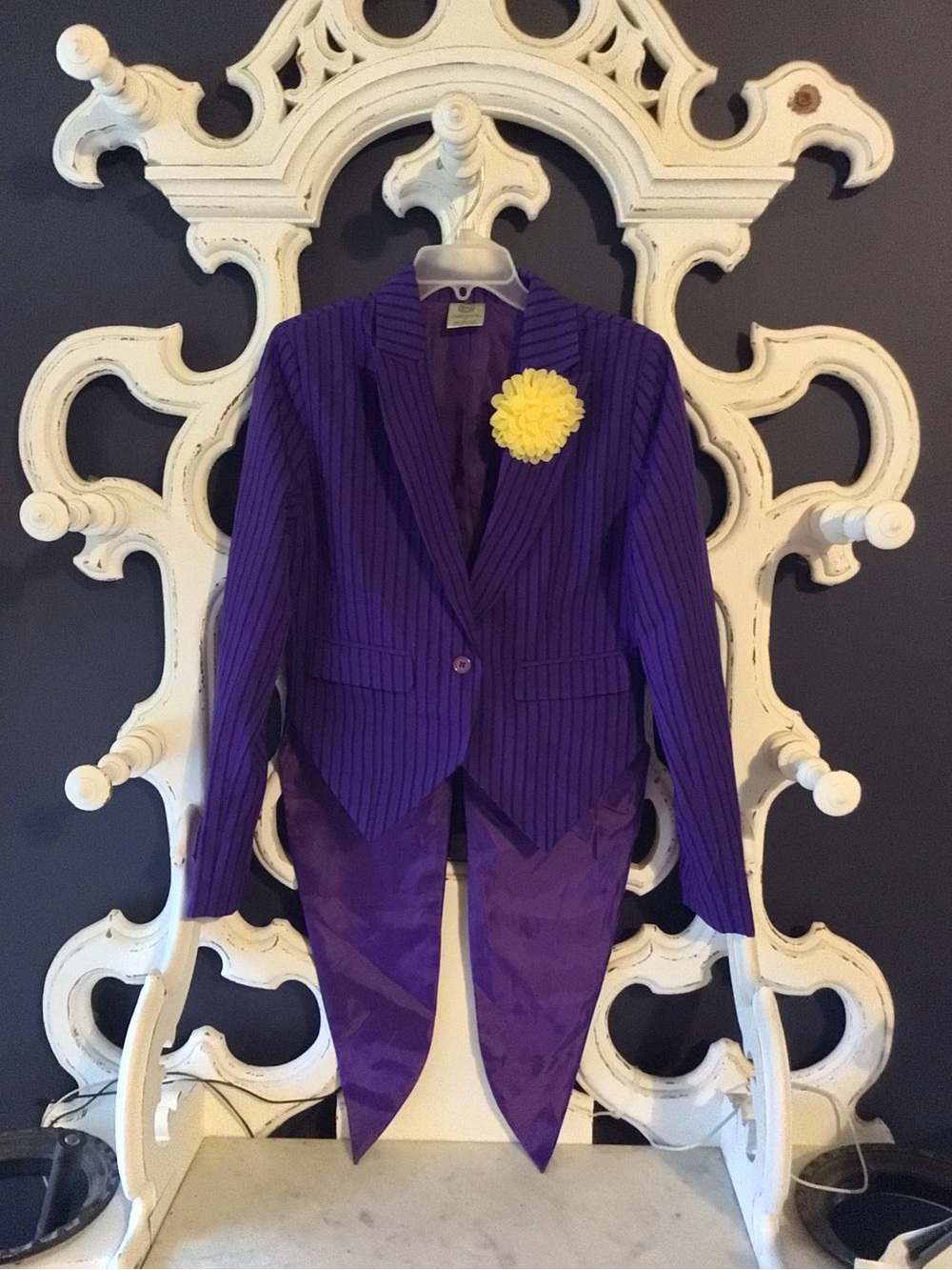 DC Comics Purple Pinstripe Tailcoat Blazer with Yellow Lapel Flower Junior